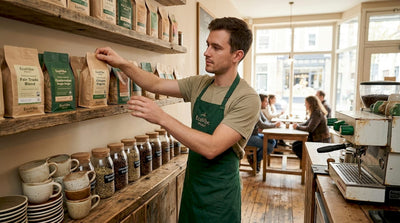 Barista arranging sustainable coffee bags in café
