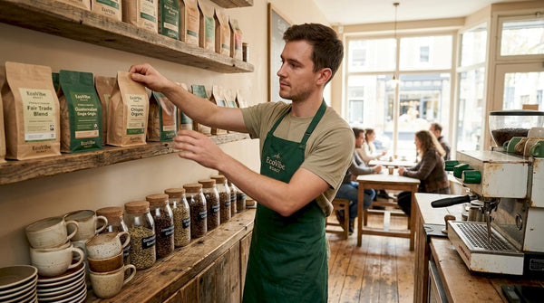 Barista arranging sustainable coffee bags in café