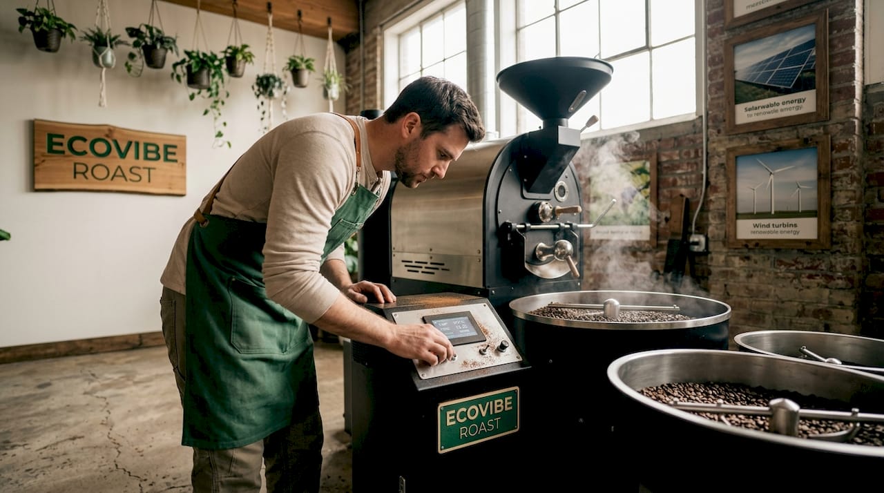 Technician operating electric coffee roaster in facility