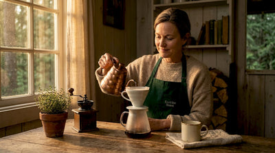 Woman brewing slow coffee at home kitchen