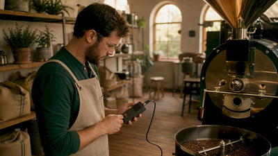 Technician inspecting energy efficient roasting machine