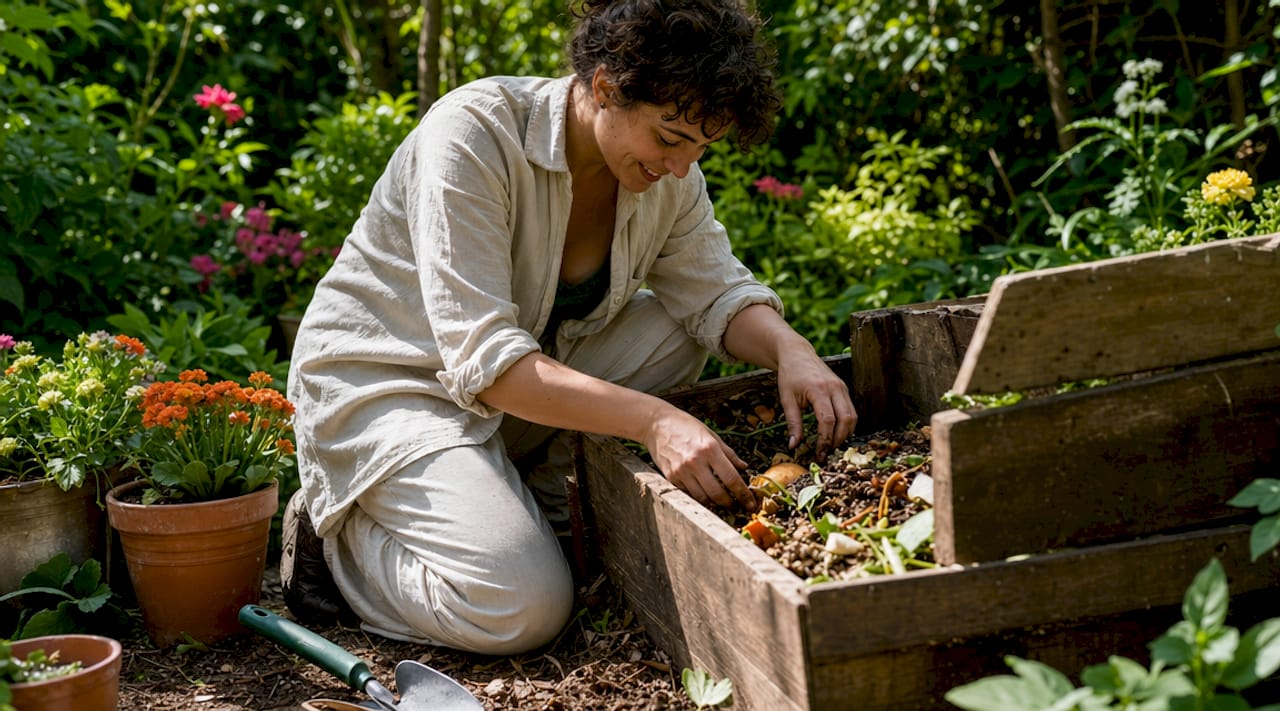 Woman composting food scraps in kitchen