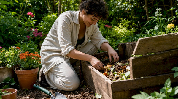 Woman composting food scraps in kitchen