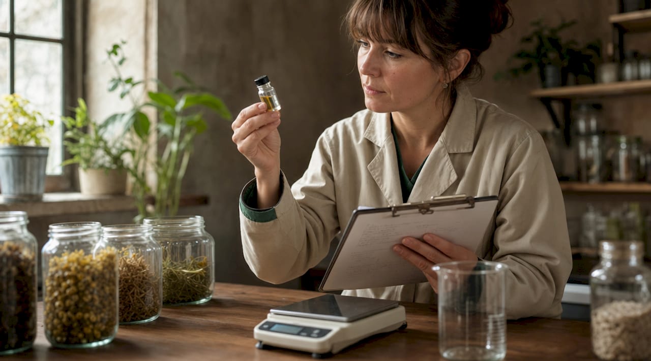 Food scientist examining eco-friendly flavor vial