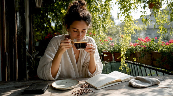 Woman tasting single origin coffee at home