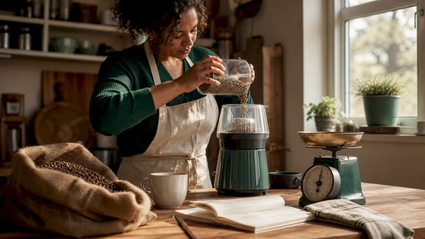 Woman preparing green coffee beans to roast