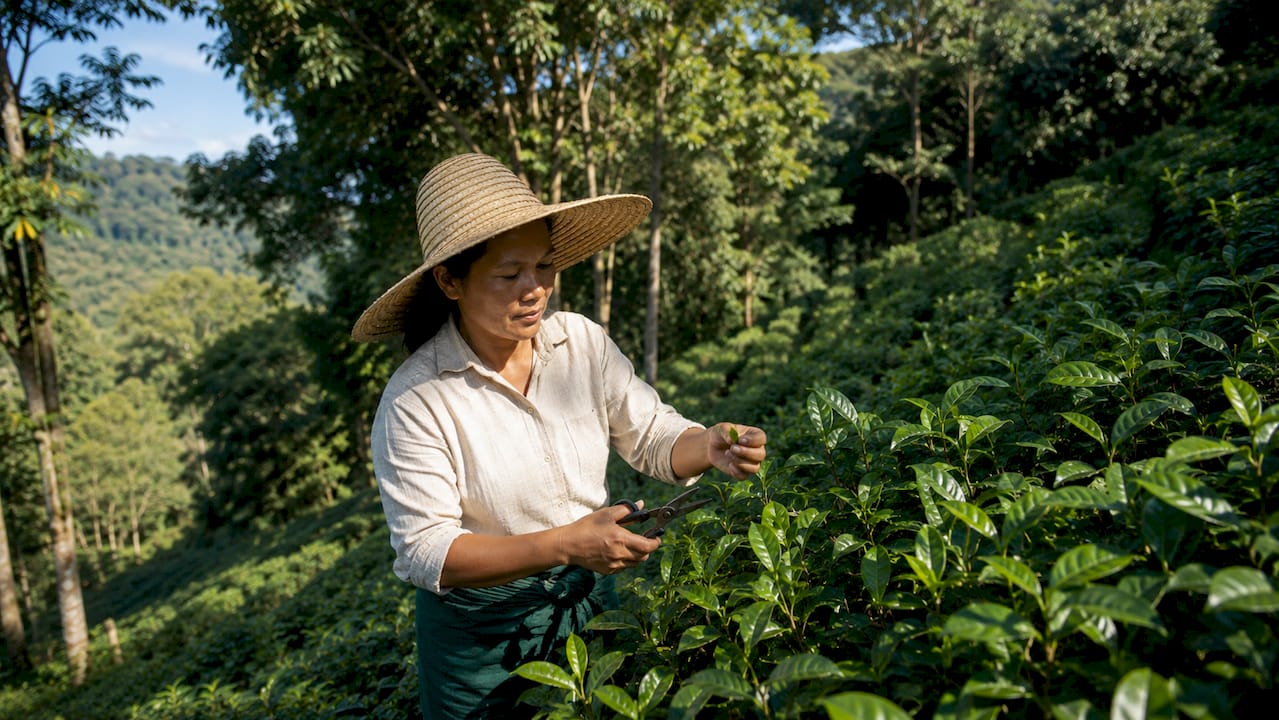 Female tea farmer inspecting tea leaves outdoors