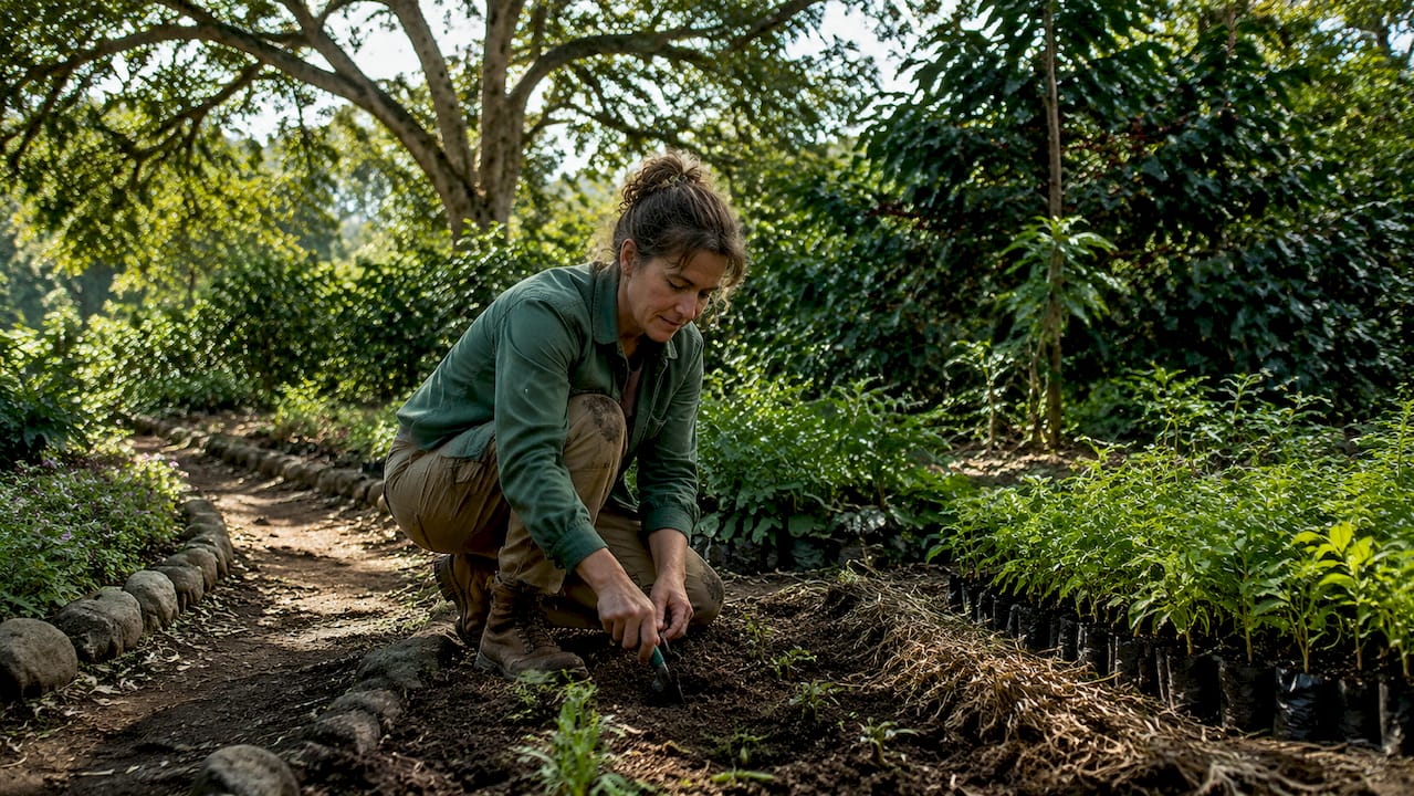 Agronomist examining coffee plants on shaded restoration farm