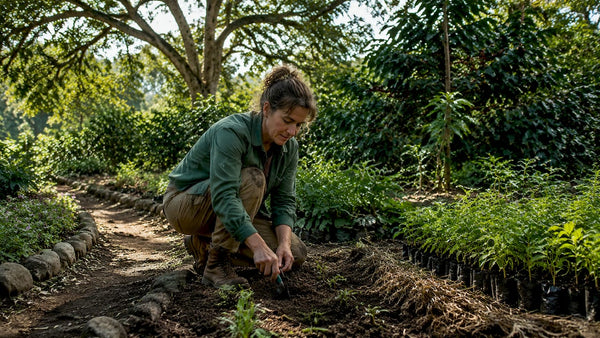 Agronomist examining coffee plants on shaded restoration farm