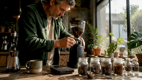 Man adjusting coffee grinder in kitchen