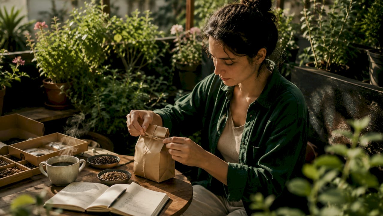Person wrapping single origin coffee gift package