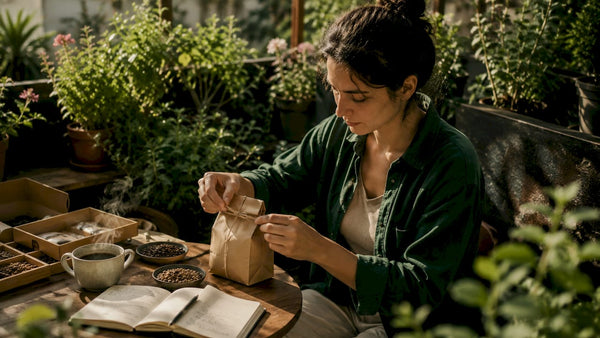 Person wrapping single origin coffee gift package