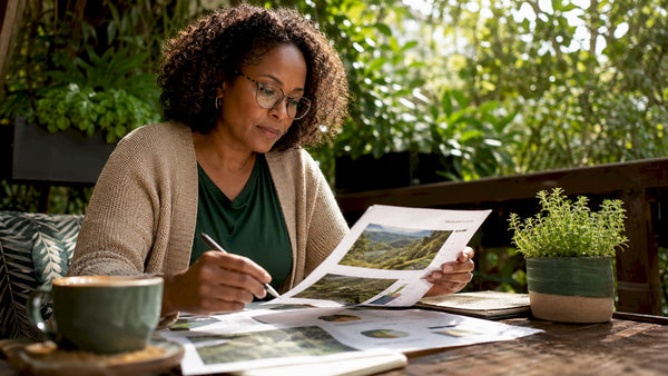Woman reviewing ethical coffee roaster reports
