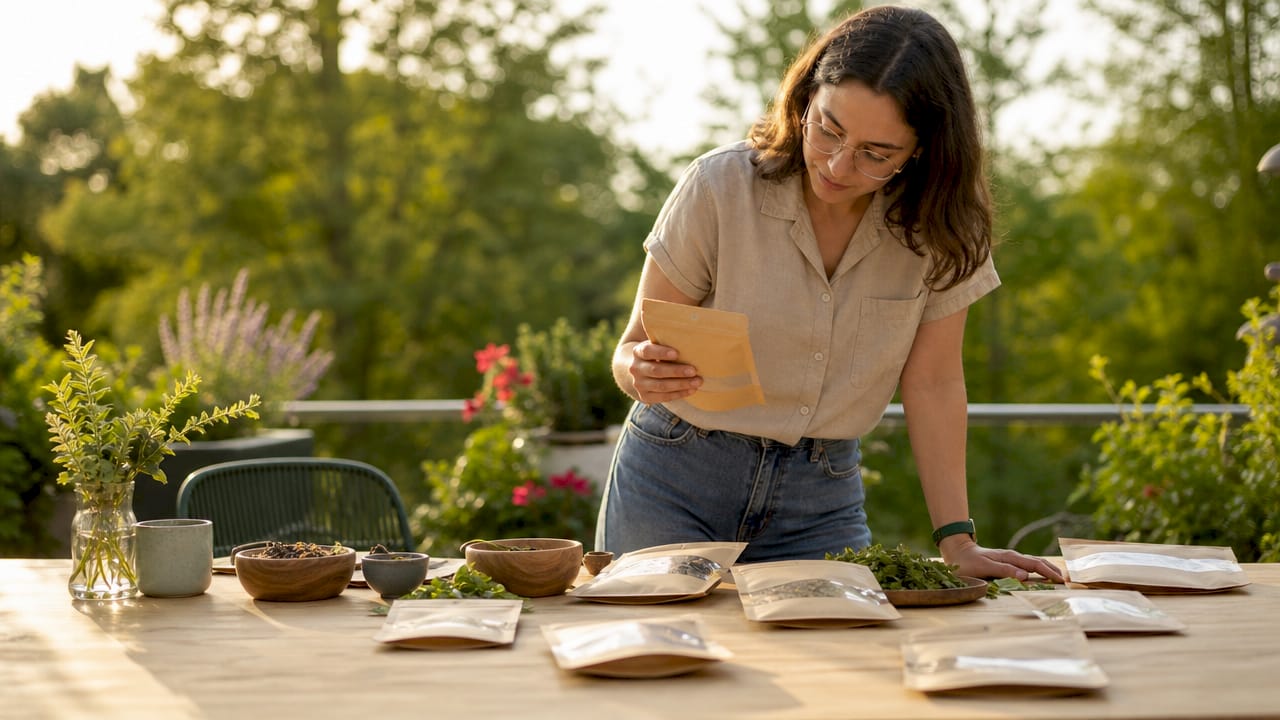 Designer examining sustainable tea packaging samples