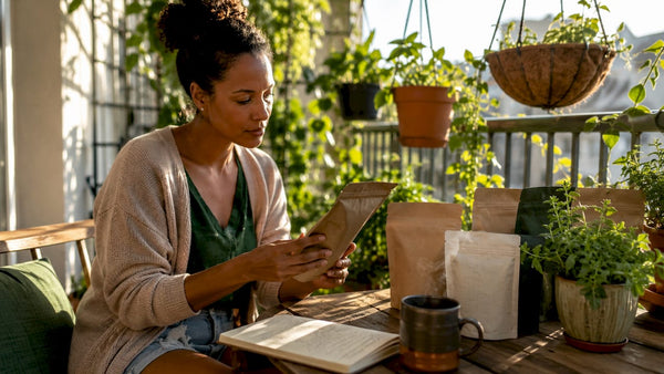 Woman sorting eco-friendly coffee bags at kitchen table