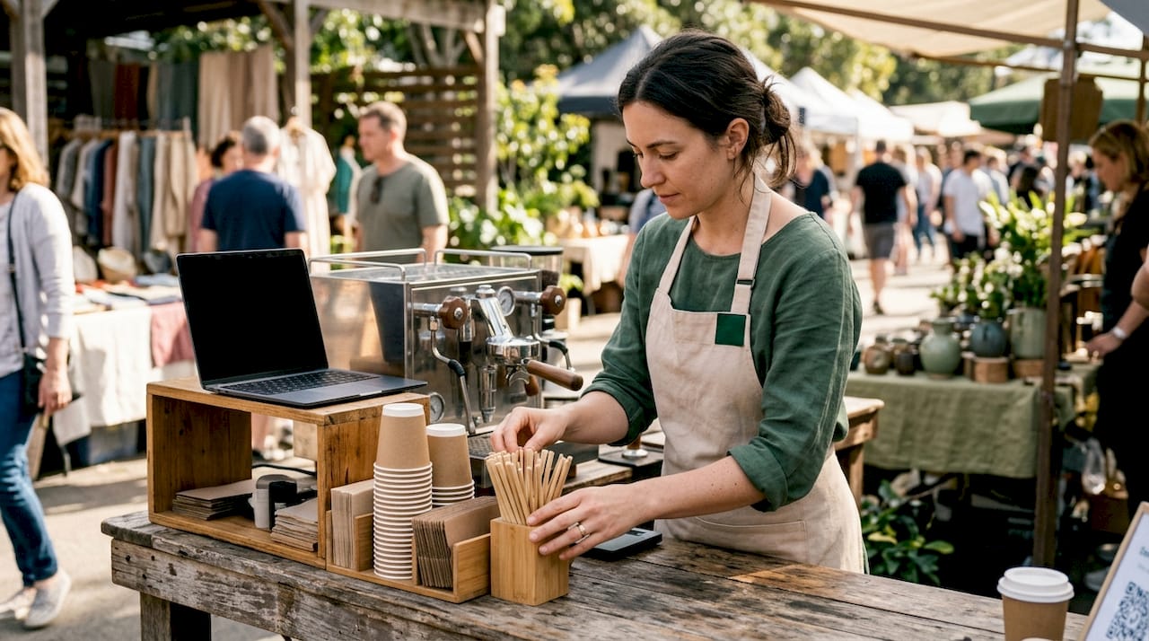 Barista arranging biodegradable coffee accessories