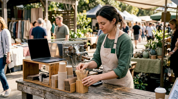 Barista arranging biodegradable coffee accessories