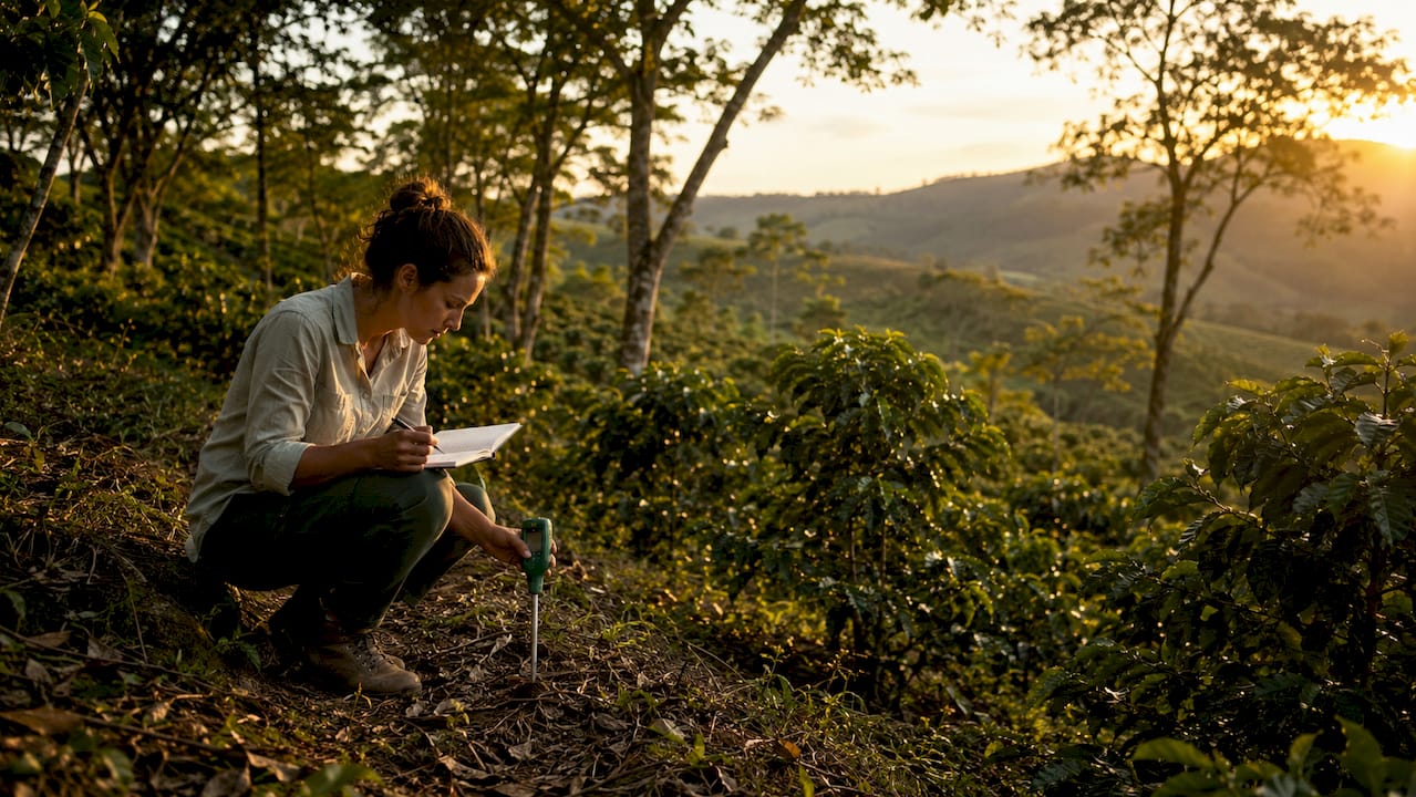 Agronomist inspecting shade trees in coffee farm