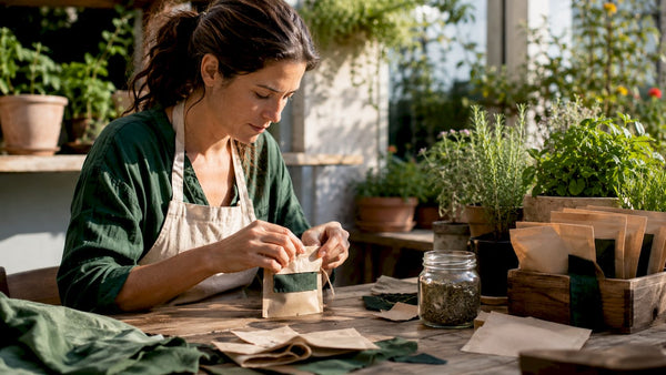 Artisan crafting upcycled tea packaging at home studio