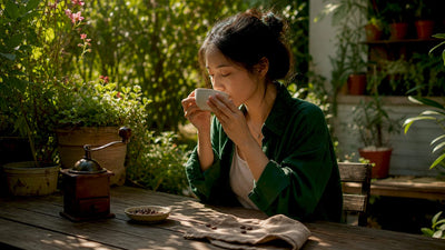 Woman smelling coffee aroma at kitchen table