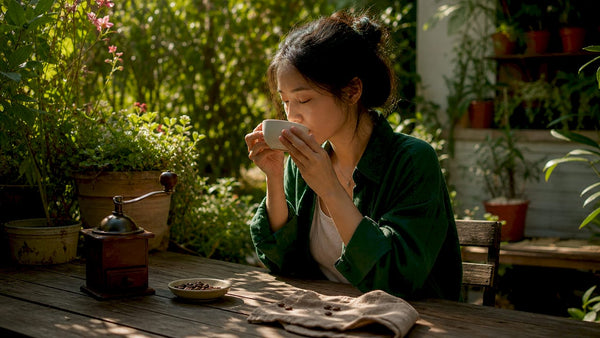 Woman smelling coffee aroma at kitchen table