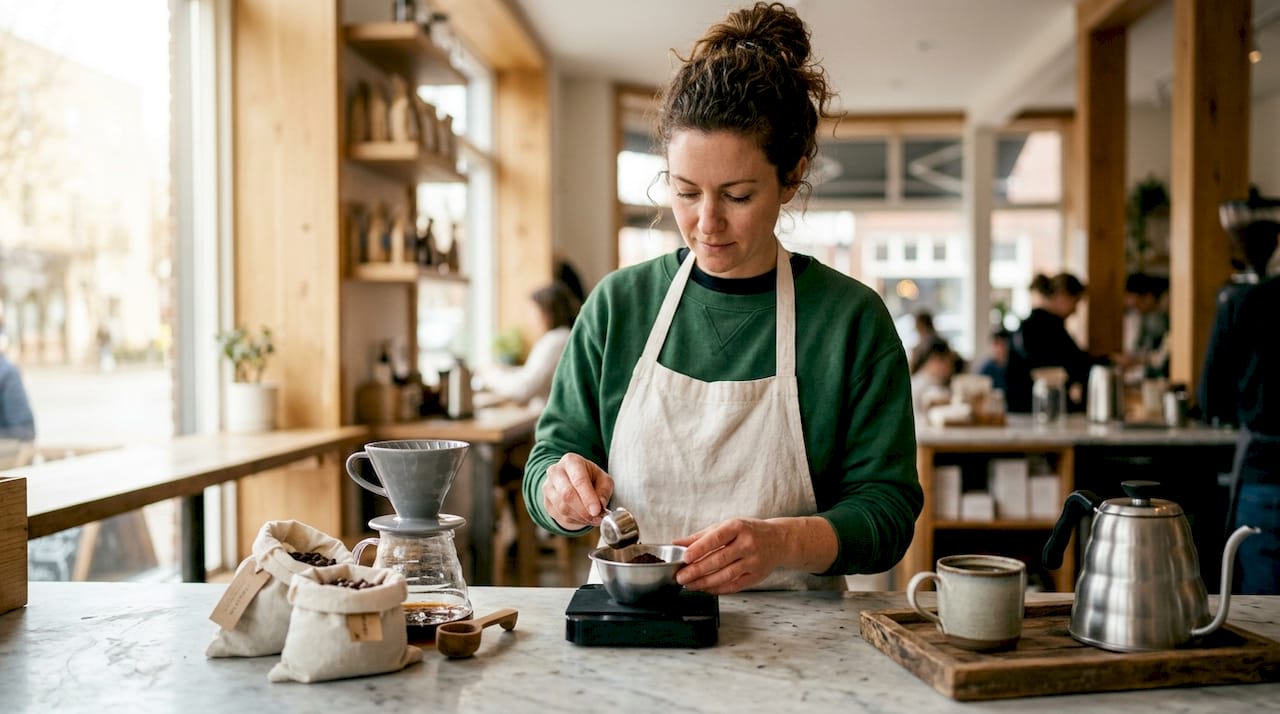 Woman brewing sustainable coffee at home table