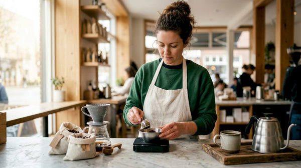 Woman brewing sustainable coffee at home table
