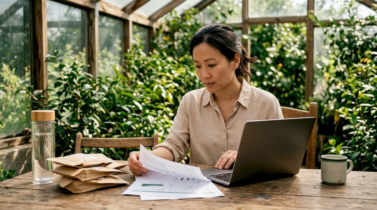 Woman reviewing traceable tea sourcing documents in greenhouse office