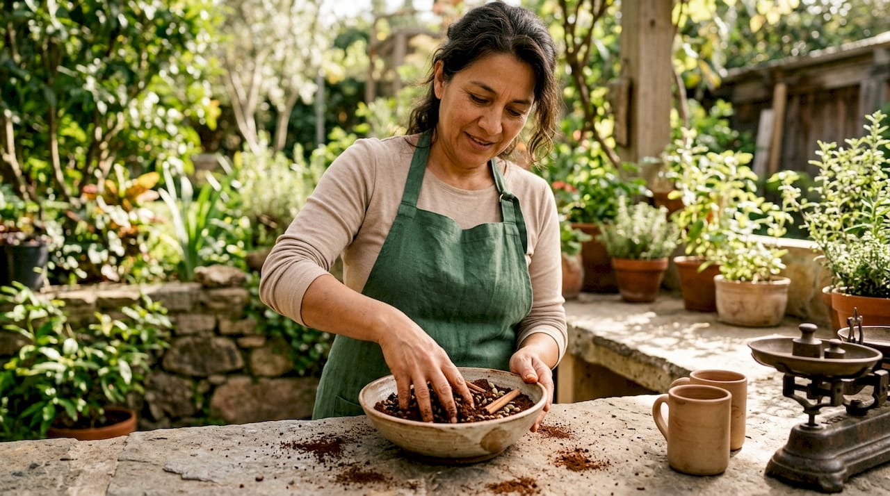 Woman mixing spices into coffee grounds at home