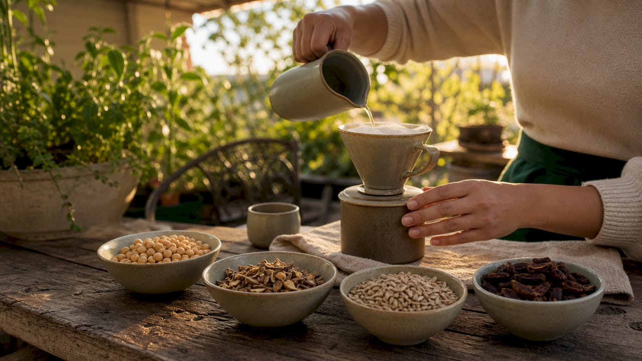 Hands preparing sustainable coffee alternatives on wooden table