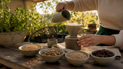 Hands preparing sustainable coffee alternatives on wooden table