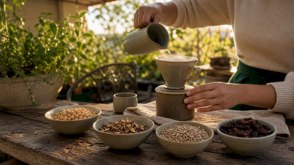 Hands preparing sustainable coffee alternatives on wooden table
