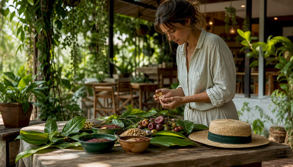 Botanist inspecting rainforest fruits for beverage ingredients