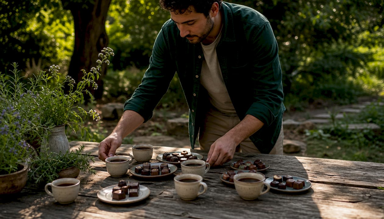 Man preparing chocolate coffee tasting setup