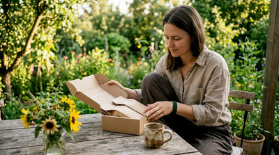 Woman opening sustainable coffee subscription box at kitchen table