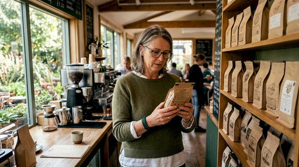 Woman inspecting coffee packaging in shop