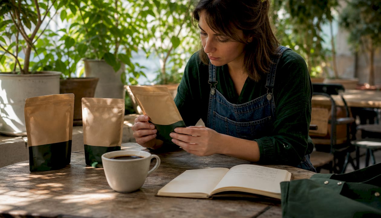 Woman reviewing certified coffee packages at home