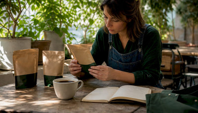 Woman reviewing certified coffee packages at home