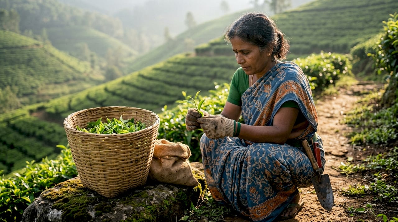 Tea farmer harvesting leaves on plantation