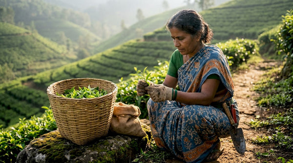 Tea farmer harvesting leaves on plantation