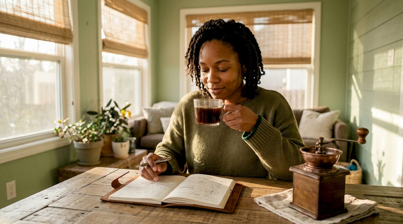 Woman tasting fresh brewed coffee at home