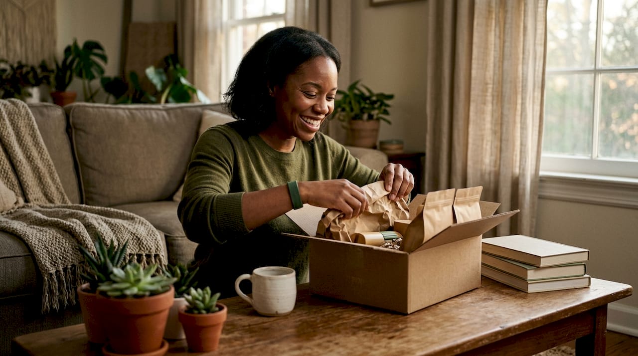 Woman unboxing sustainable coffee gift set