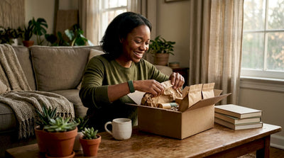 Woman unboxing sustainable coffee gift set