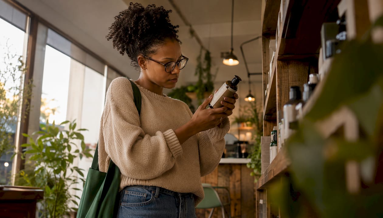 Woman reading ethical product label in store