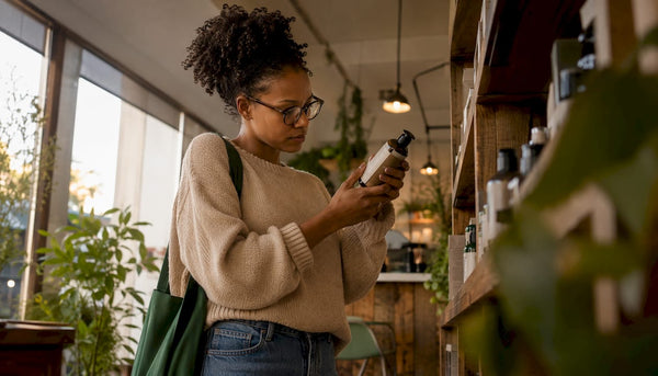 Woman reading ethical product label in store