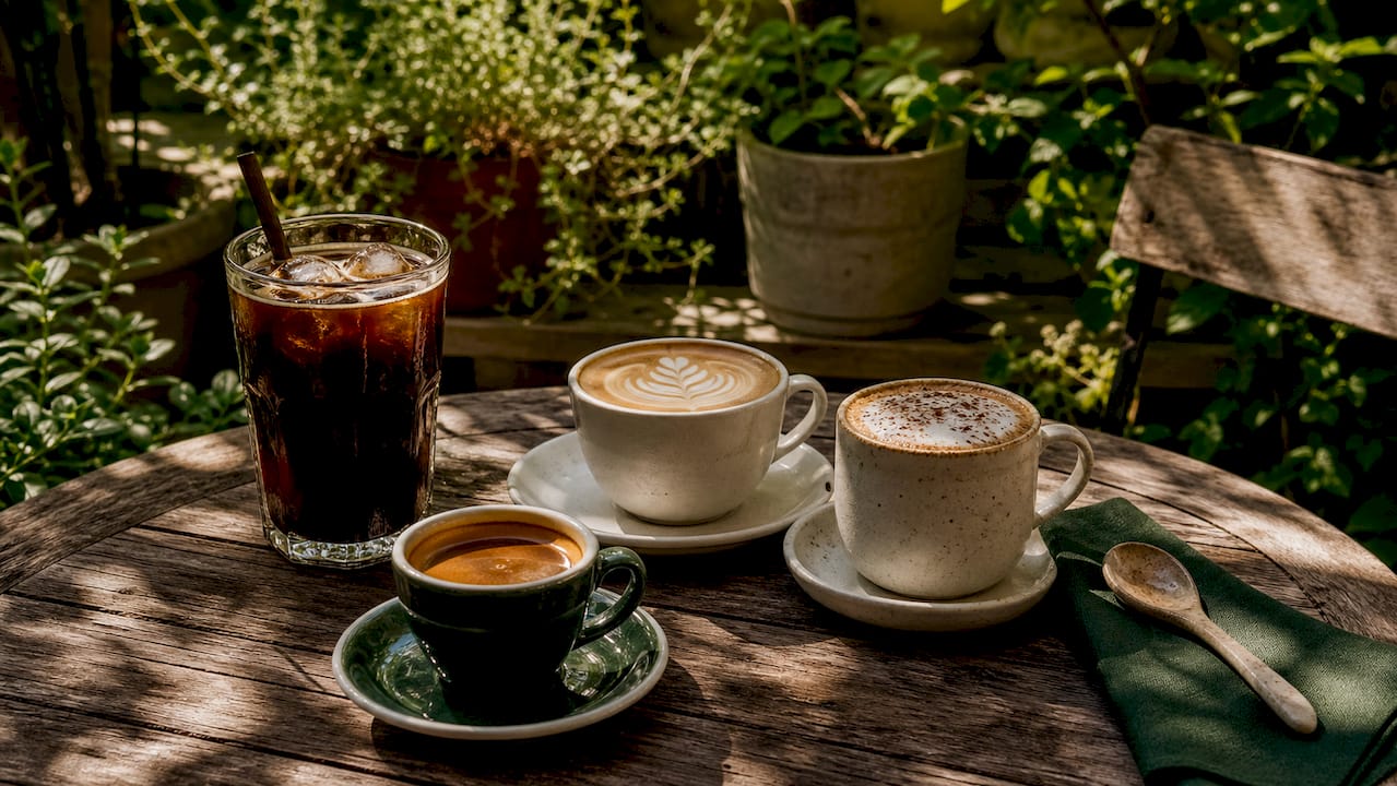 Variety of coffee drinks on wooden table
