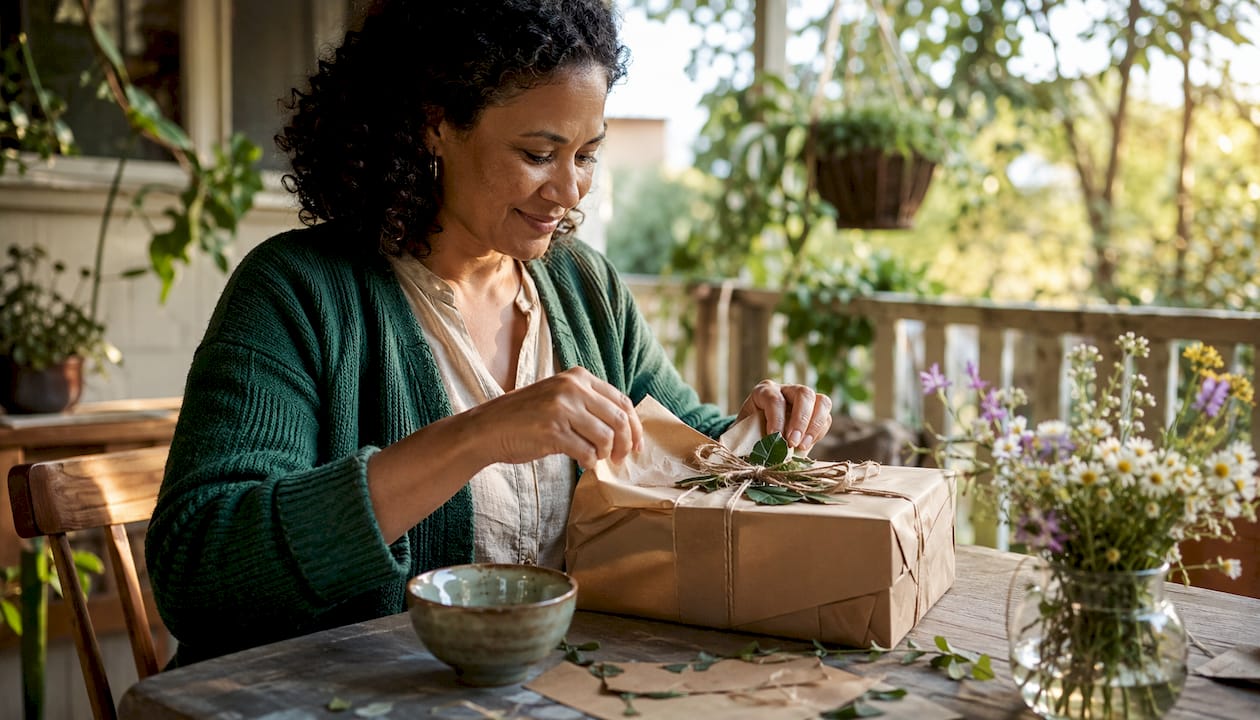 Woman examining climate positive gift package at home