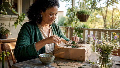 Woman examining climate positive gift package at home