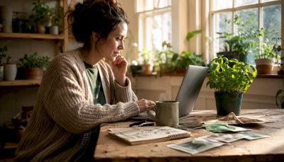 Woman researching eco-friendly herbal vendors online