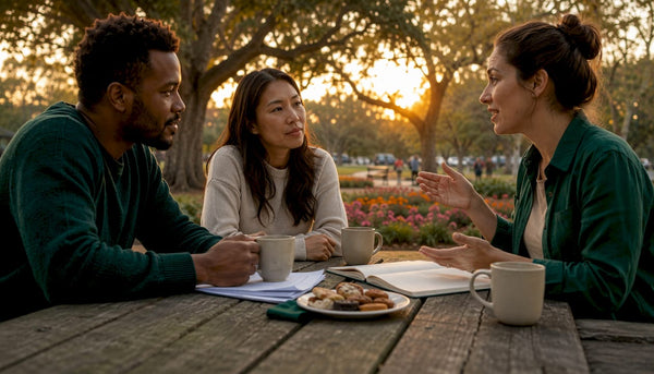Diverse group discussing community coffee programs